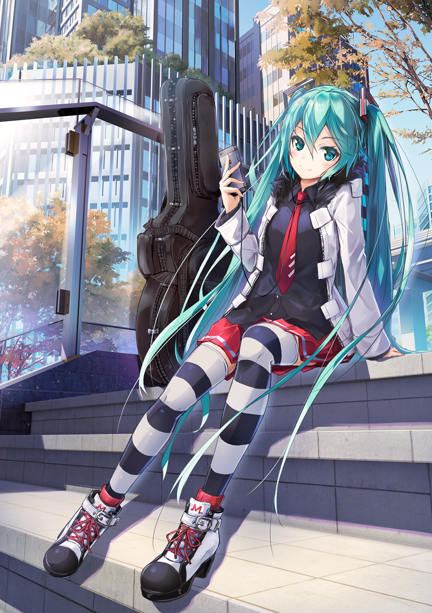 1girl ajigo arm_at_side black_shirt blue_eyes blue_hair blue_sky blush buckle building cable cellphone city closed_mouth collared_shirt day dress_shirt fur_collar guitar_case hatsune_miku head_tilt highres holding holding_phone instrument_case iphone jacket long_hair long_sleeves looking_at_viewer necktie open_clothes open_jacket outdoors park phone plant railing red_necktie red_skirt shirt shoes sitting skirt sky smartphone smile solo stairs striped striped_legwear thigh-highs transparent tree twintails unzipped very_long_hair vocaloid white_jacket white_shoes wing_collar zettai_ryouiki