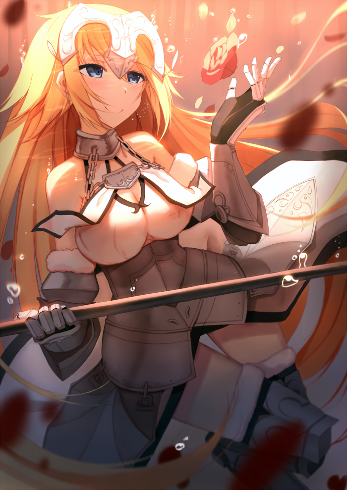 1girl armor armored_dress bare_shoulders bent_knees blonde_hair blue_eyes blurry breasts chain closed_mouth depth_of_field dutch_angle fate/grand_order fate_(series) flag flower gauntlets greaves headpiece long_hair medium_breasts red_rose rizky_(strated) rose ruler_(fate/apocrypha) smile solo thigh_gap