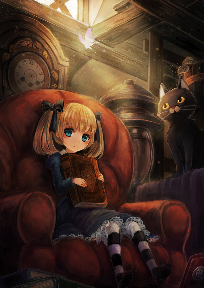1girl alice_(wonderland) alice_in_wonderland black_cat black_legwear black_ribbon black_shoes blue_dress blue_eyes book book_stack butterfly cat chair child clock closed_mouth day dress emone04 glowing glowing_butterfly hair_ribbon holding holding_book indoors light long_sleeves looking_at_viewer pantyhose ribbon roman_numerals shoes short_hair short_twintails sitting smile solo twintails white_legwear window