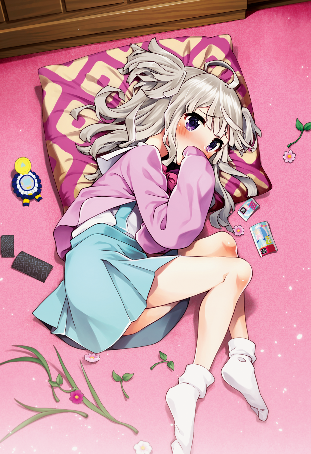 1girl ahoge blush cardigan character_request clothes_sniffing covering_mouth fetal_position hayashi_keita highres legs long_hair lying on_floor on_side pillow school_uniform shirt silver_hair skirt smelling socks solo twintails two_side_up violet_eyes