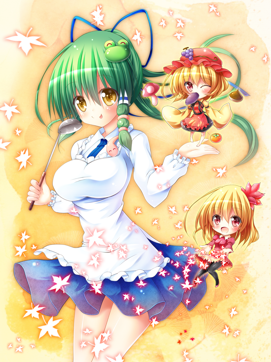 3girls ^_^ aki_minoriko aki_shizuha apron blonde_hair braid breasts chestnut_mouth closed_eyes dress_shirt expressive_clothes food frog_hair_ornament fruit hair_ornament hair_ribbon hair_tubes highres kochiya_sanae ladle leaf leaf_on_head long_hair looking_at_viewer mouth_hold multiple_girls mushroom osashin_(osada) pantyhose persimmon ponytail red_eyes ribbon shirt single_braid skirt smile snake_hair_ornament sweet_potato tongue tongue_out touhou yellow_eyes