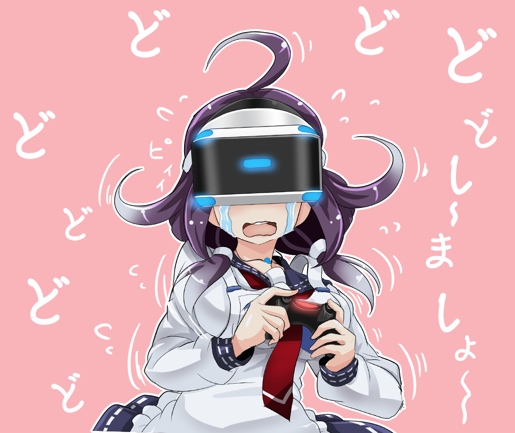 1girl bouncing_breasts breasts commentary_request confused flying_sweatdrops game_console glowing hair_ribbon holding kantai_collection long_hair low_twintails motion_blur motion_lines playstation playstation_vr purple_hair red_background ribbon school_uniform serafuku simple_background sketch solo sweat sweating_profusely taigei_(kantai_collection) tears tk8d32 twintails upper_body virtual_reality vr_visor wavy_mouth white_ribbon