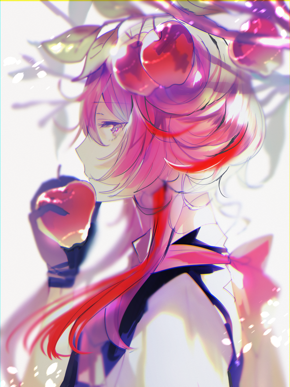 androgynous apple food fruit highlights highres holding long_hair looking_to_the_side multicolored_hair original pink_eyes poni_(rito) profile purple_hair solo solo_focus tree tree_branch