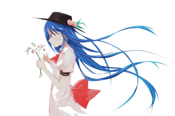 1girl black_hat blouse blue_dress blue_hair bow dress flower flower_request food from_side fruit hat hinanawi_tenshi large_bow long_hair peach puffy_short_sleeves puffy_sleeves red_bow red_eyes short_sleeves simple_background solo standing tetsurou_(fe+) touhou upper_body white_background white_blouse wind