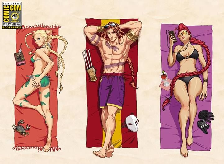 1boy 2girls abs ahoge armlet arms_behind_head arnold_tsang ass balrog barefoot beach_towel bikini black_bikini blonde_hair bodypaint braid breasts cammy_white camouflage claw_(weapon) cocktail_glass collage crab crimson_viper cup dakimakura digital_media_player drinking_glass earphones gloves_removed green_bikini hand_on_own_ass huge_ahoge lips long_hair lying mask mask_removed mature medium_breasts multiple_girls muscle official_art on_back on_stomach redhead shirtless shorts side-tie_bikini single_braid small_breasts soles street_fighter sunglasses sunglasses_on_head swimsuit tan tattoo toes towel twin_braids udon_entertainment very_long_hair weapon wide_hips