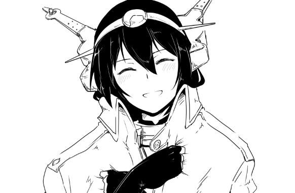 1girl black_hair closed_eyes crossed_arms fingerless_gloves gloves greyscale hair_between_eyes harukon_(halcon) headgear jacket jacket_on_shoulders kantai_collection long_hair monochrome nagato_(kantai_collection) smile solo