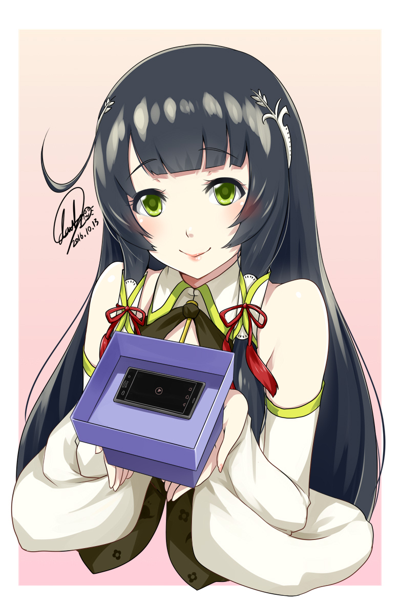 1girl artist_name bare_shoulders black_hair box cellphone cupping_hands darkmaya dated detached_sleeves green_eyes hair_ornament hair_tubes japanese_clothes kantai_collection kimono lips long_hair mizuho_(kantai_collection) phone sidelocks signature smartphone smile solo tawawa_challenge upper_body