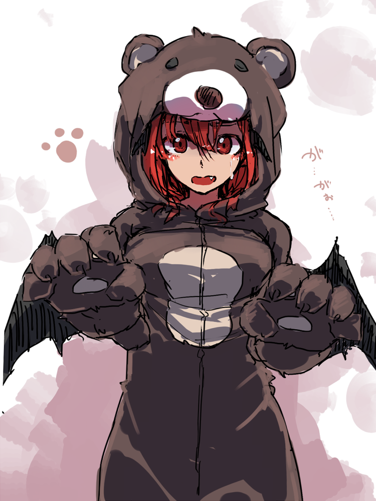 1girl animal_costume animal_ears bat_wings bear_costume blush commentary_request cowboy_shot fake_animal_ears fang futatsuki_eru head_wings koakuma long_hair looking_at_viewer open_mouth paw_pose paw_print pun red_eyes redhead simple_background solo touhou translation_request white_background wings