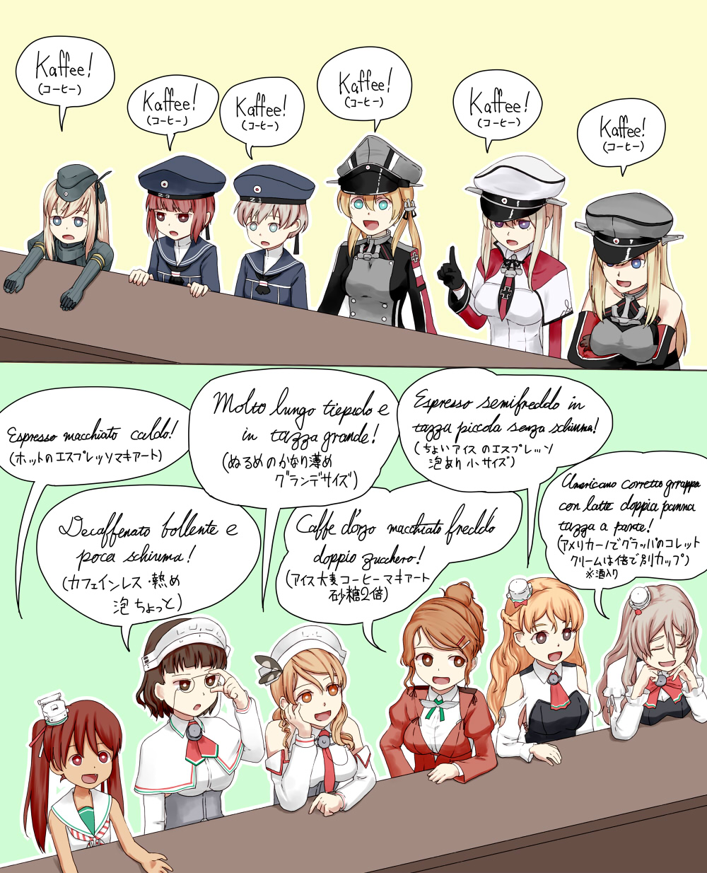 6+girls adjusting_glasses anchor_choker aquila_(kantai_collection) ascot bismarck_(kantai_collection) blonde_hair blue_eyes bow brown_eyes brown_hair closed_eyes commentary_request counter cropped_jacket crossed_arms detached_sleeves dress garrison_cap glasses gloves graf_zeppelin_(kantai_collection) hand_on_own_cheek hat headdress highres index_finger_raised jacket kantai_collection kirisaki_akihito libeccio_(kantai_collection) littorio_(kantai_collection) long_hair long_sleeves military military_uniform mini_hat multiple_girls neckerchief open_mouth outstretched_arms peaked_cap pola_(kantai_collection) prinz_eugen_(kantai_collection) red_eyes roman_numerals sailor_collar sailor_hat sailor_shirt school_uniform serafuku shawl shirt short_hair skirt sleeveless sleeveless_dress smile translation_request twintails u-511_(kantai_collection) uniform wetsuit z1_leberecht_maass_(kantai_collection) z3_max_schultz_(kantai_collection) zara_(kantai_collection)