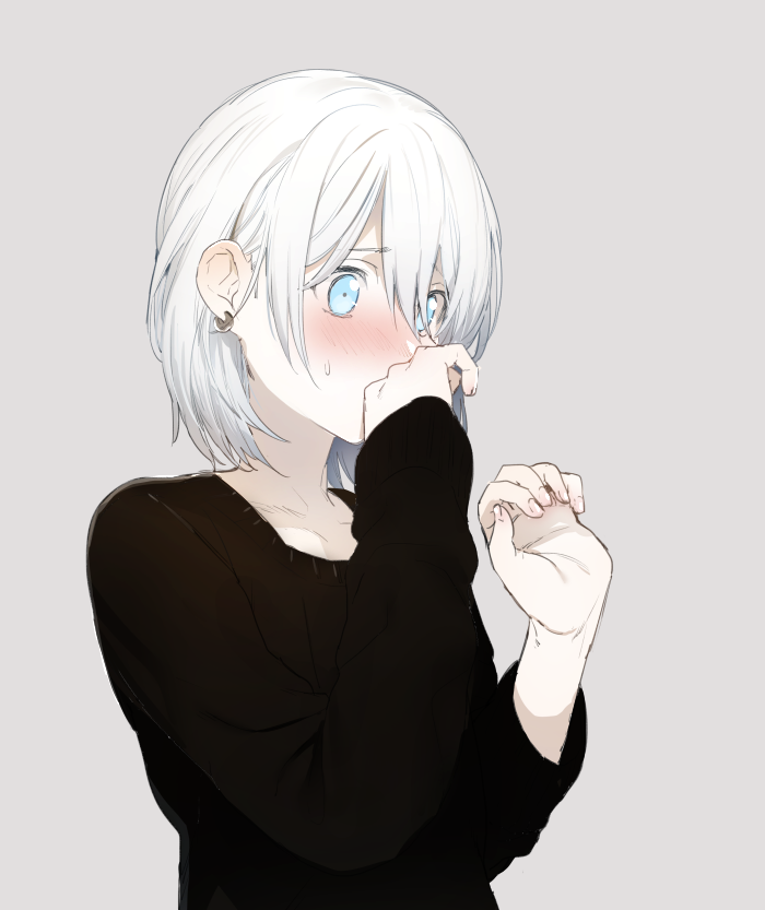 1boy black_sweater blue_eyes blush commentary_request earrings embarrassed erubo green_hair grey_background hair_between_eyes hand_to_own_mouth jewelry looking_down original short_hair simple_background solo sweatdrop sweater