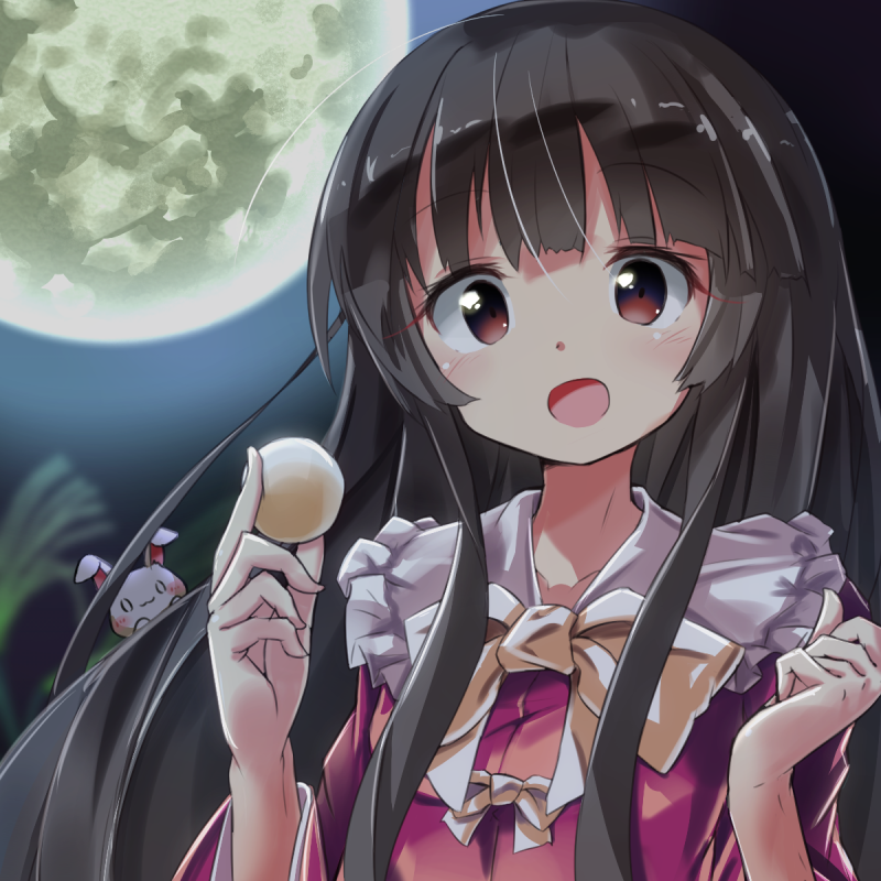 1girl :d black_hair blush bow bowtie brown_eyes dress food frilled_shirt_collar frills full_moon hime_cut holding holding_food houraisan_kaguya long_hair long_sleeves looking_at_viewer mochi moon moonlight night open_mouth rabbit ryogo sidelocks smile solo touhou upper_body wagashi yellow_bow yellow_bowtie