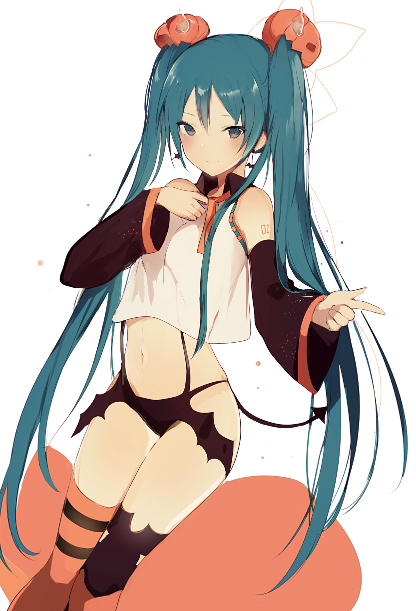 1girl alternate_costume bat_earrings bat_panties black_panties blue_eyes blue_hair blush cowboy_shot crop_top demon_tail detached_sleeves earrings food_themed_hair_ornament hair_ornament halloween hatsune_miku highres jewelry legs_together long_hair long_sleeves looking_at_viewer lpip mismatched_legwear navel number panties pointing pumpkin_hair_ornament simple_background solo standing stomach striped striped_legwear tail tattoo thighs twintails underwear very_long_hair vocaloid white_background wide_sleeves