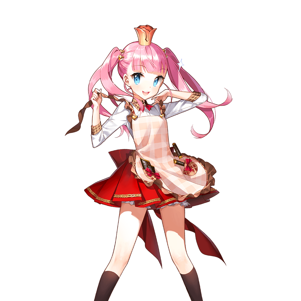 1girl adjusting_clothes apron black_legwear blue_eyes character_request chocolate crown long_hair looking_at_viewer official_art open_mouth pink_hair salt_(salty) skirt solo transparent_background twintails uchi_no_hime-sama_ga_ichiban_kawaii