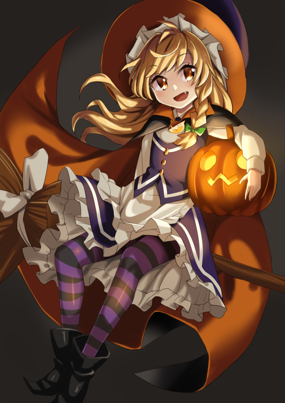 1girl :d abe_ranzu apron black_background black_boots black_skirt black_vest blonde_hair blush boots bow braid brooch broom broom_riding cape commentary embellished_costume fang frilled_skirt frills glowing green_bow hair_bow halloween_costume hat highres jack-o'-lantern jewelry kirisame_marisa long_hair long_sleeves looking_at_viewer open_mouth pantyhose pointy_shoes pumpkin shirt shoes side_braid skirt skirt_set smile solo striped striped_legwear touhou vest waist_apron white_bow white_shirt witch_hat yellow_eyes