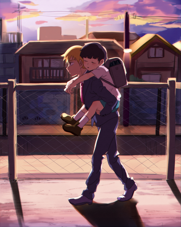 2boys anko_(nanzo) backpack bag bangs black_eyes black_hair blonde_hair blue_shorts blunt_bangs bowl_cut brown_shoes building child closed_mouth clouds fence formal from_side full_body grey_shoes house kageyama_shigeo lamppost long_sleeves male_focus mob_psycho_100 multiple_boys necktie outdoors pant_suit pants piggyback pink_necktie power_lines profile randoseru reigen_arataka shade shadow shirt shoes short_sleeves shorts sky sleeping socks suit t-shirt twilight utility_pole walking white_legwear white_shirt younger