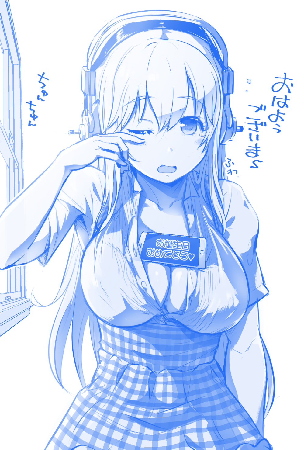 1girl apron breasts cellphone cleavage collarbone ganari_ryuu headphones highres koubeya_uniform large_breasts long_hair monochrome nitroplus object_on_breast one_eye_closed open_mouth phone plaid plaid_apron short_sleeves sketch smartphone solo super_sonico tawawa_challenge tears unbuttoned unbuttoned_shirt wiping_eyes