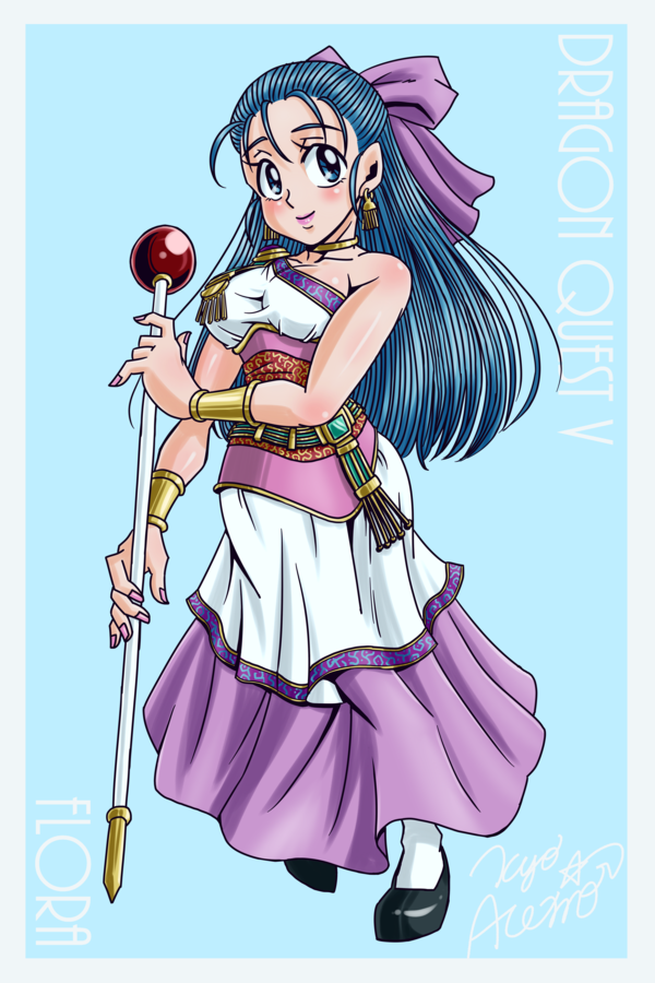 1girl blue_eyes blue_hair bow breasts dragon_quest dragon_quest_v dress earrings flora gengoro_akemori hair_bow half_updo jewelry large_breasts long_hair pink_bow scepter smile staff