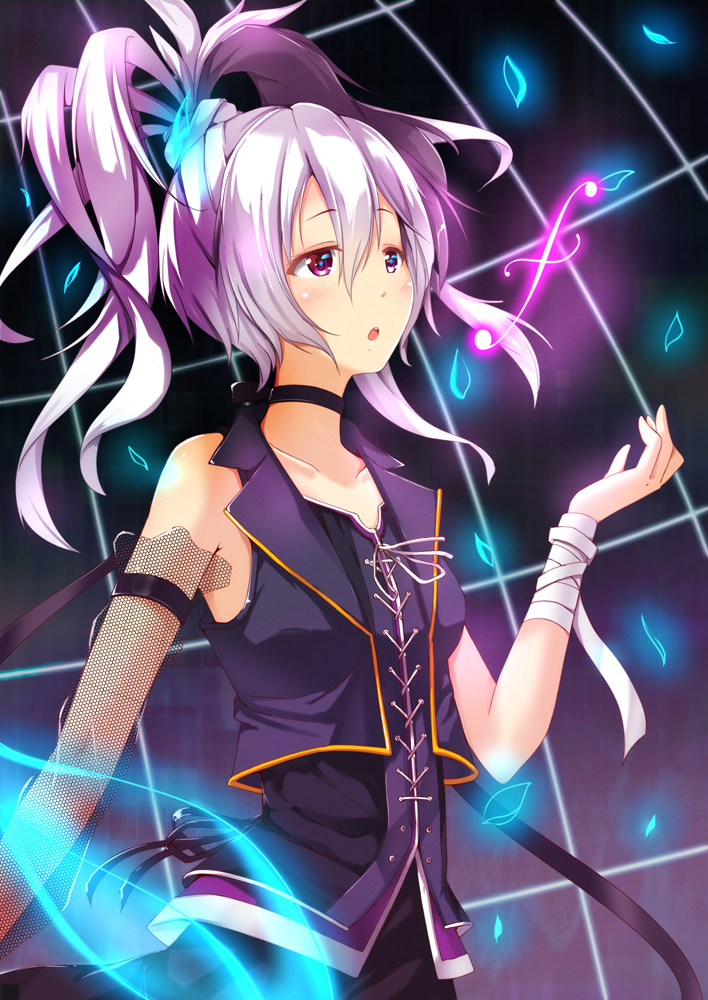 1girl asymmetrical_sleeves bandages character_request collar collarbone fishnets hair_between_eyes hair_ornament long_hair ok-ray open_mouth pink_hair solo violet_eyes vocaloid