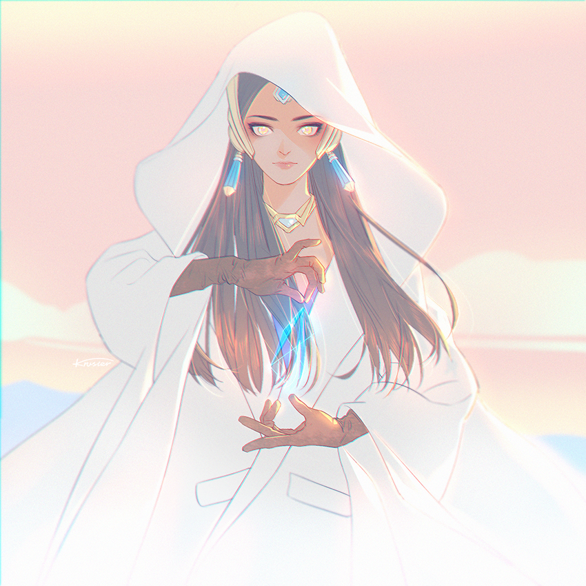 1girl alternate_costume artist_name brown_hair casual closed_mouth dark_skin dress earrings eyelashes forehead_jewel headgear hologram hood hooded_dress jewelry krusier long_hair looking_at_viewer necklace orange_eyes overwatch pink_lips signature solo symmetra_(overwatch) upper_body white_dress