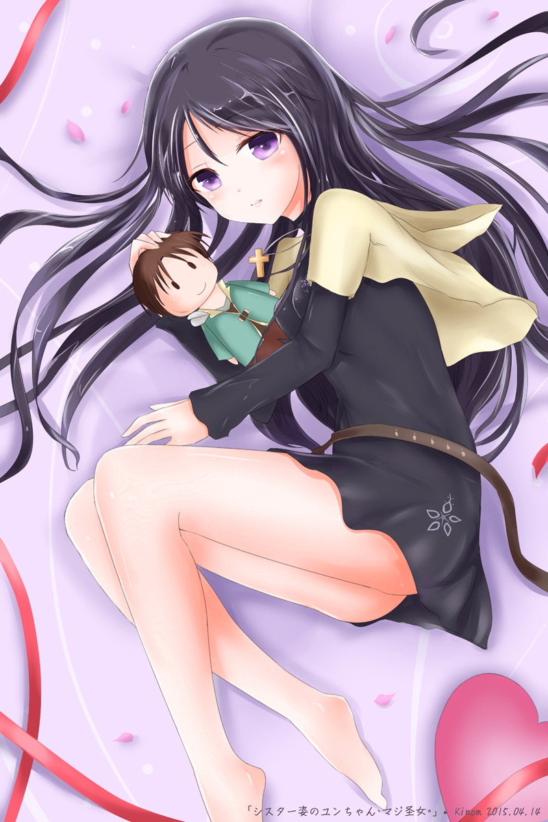 1girl artist_name ass bad_id bad_pixiv_id barefoot black_dress black_hair character_doll cross cross_necklace dated dress eyebrows eyebrows_visible_through_hair genderswap genderswap_(mtf) heart highres hood hood_down jewelry kinom_(sculpturesky) long_hair long_sleeves looking_at_viewer lying necklace on_side only_sense_online parted_lips red_ribbon ribbon short_sleeves solo taku_(only_sense_online) violet_eyes yun_(only_sense_online)