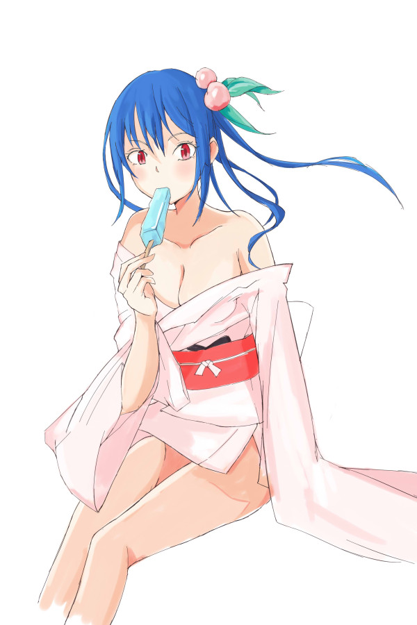 1girl alternate_costume blue_hair breasts cleavage dress food fruit hair_ornament hinanawi_tenshi holding japanese_clothes kimono long_hair long_sleeves looking_at_viewer medium_breasts off_shoulder peach pink_dress popsicle red_eyes short_dress simple_background sitting solo tetsurou_(fe+) touhou white_background