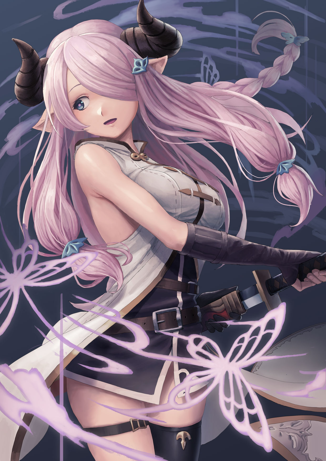 1girl bare_shoulders belt black_gloves black_legwear blue_eyes braid breasts bright_pupils butterfly doraf elbow_gloves fingerless_gloves gloves granblue_fantasy hair_ornament hair_over_one_eye highres horns katana large_breasts lavender_hair long_hair low-tied_long_hair narumeia_(granblue_fantasy) open_mouth pink_pupils pointy_ears sheath single_braid single_thighhigh sleeveless solo sword t@kuyoa thigh-highs thigh_strap unsheathing weapon