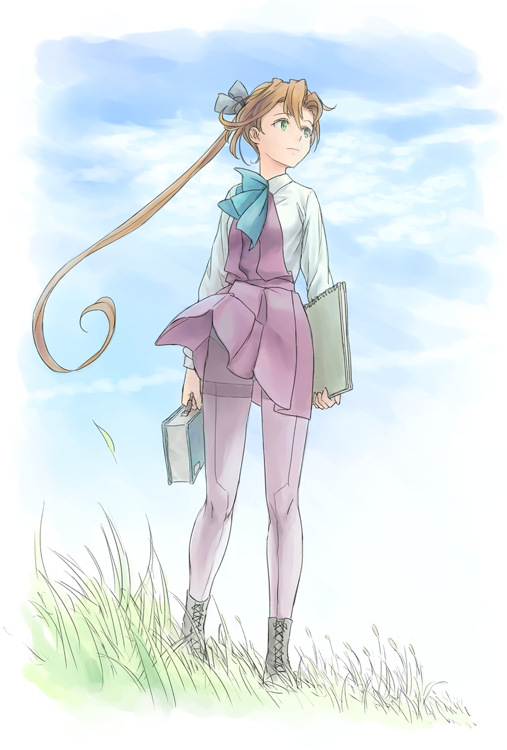 1girl akigumo_(kantai_collection) blue_sky boots brown_hair case clouds cross-laced_footwear full_body grass green_eyes hair_ornament hair_ribbon highres kantai_collection lace-up_boots long_hair looking_to_the_side outdoors panties pantyhose pleated_skirt ponytail ribbon school_uniform sketchbook skirt sky solo standing taruya underwear uniform wind wind_lift