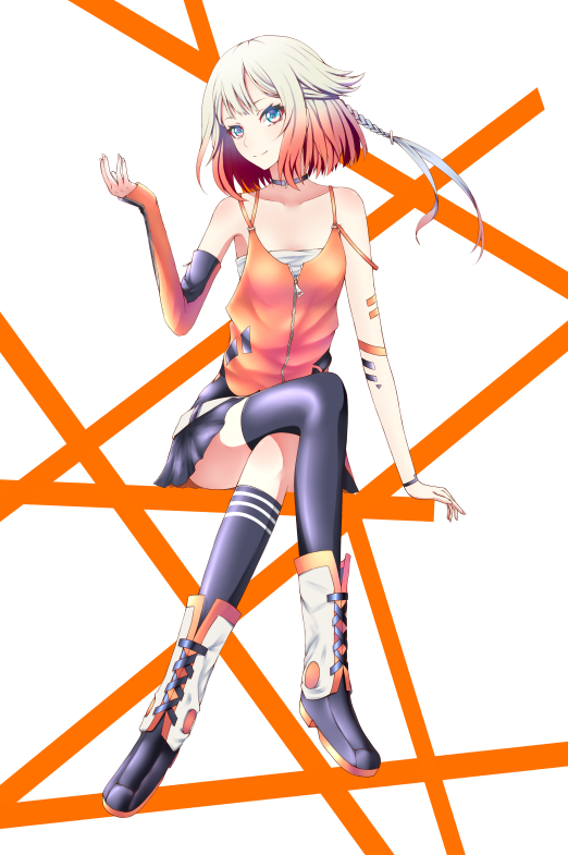 1girl arm_support black_legwear black_skirt blue_eyes cevio collar collarbone crossed_legs daburu detached_sleeves hair_ornament multicolored_hair one_(cevio) orange_hair pleated_skirt silver_hair sitting skirt smile solo thigh-highs two-tone_hair zettai_ryouiki zipper