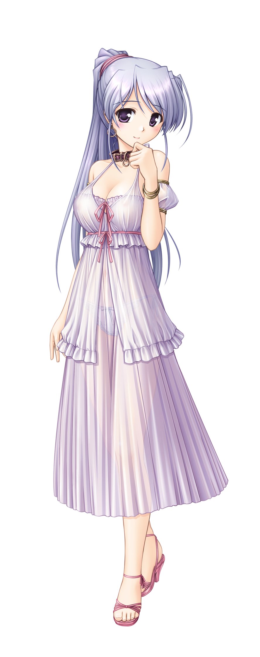 1girl bare_shoulders bekkankou blush bracelet collar earrings full_body hand_on_own_chin highres jewelry lavender_hair long_hair looking_at_viewer night_clothes nightgown panties sandals see-through simple_background standing underwear violet_eyes white_background