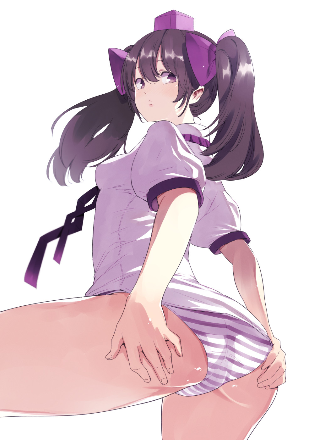 1girl ass bent_over black_hair bow breasts closed_mouth from_behind hair_bow hat highres himekaidou_hatate long_hair looking_at_viewer looking_back miya9 panties pointy_ears puffy_short_sleeves puffy_sleeves purple_bow shirt short_sleeves small_breasts solo spread_ass striped striped_panties tokin_hat touhou twintails underwear violet_eyes white_background white_shirt