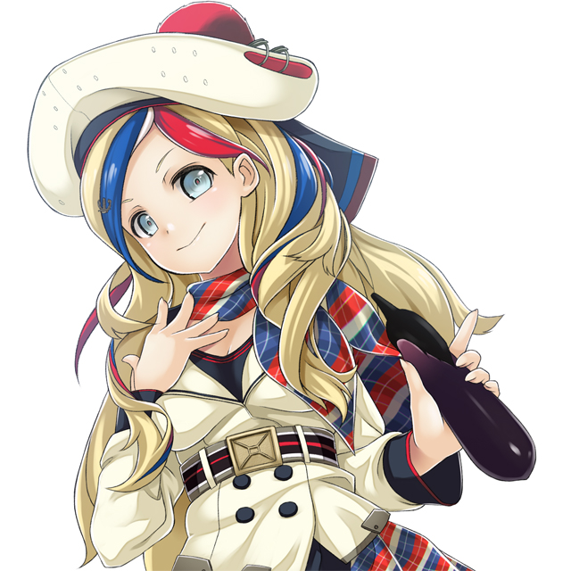 1girl anchor_hair_ornament bangs belt beret blonde_hair blue_hair commandant_teste_(kantai_collection) double-breasted eggplant hair_ornament hat kantai_collection long_hair looking_at_viewer mofu_namako multicolored multicolored_clothes multicolored_hair multicolored_scarf plaid plaid_scarf pom_pom_(clothes) redhead scarf simple_background solo streaked_hair swept_bangs upper_body wavy_hair white_background white_hair