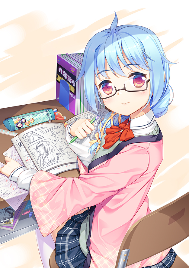 1girl 33paradox 3: ahoge blue_hair blue_skirt book book_stack book_stand bow bowtie braid candy chair correction_fluid desk glasses hair_bow hair_ribbon light_brown_background looking_at_viewer manga_(object) mechanical_pencil original paper pencil pencil_case pink_coat plaid plaid_skirt red_bow red_bowtie ribbon ruler school_desk school_uniform semi-rimless_glasses single_braid skirt solo under-rim_glasses violet_eyes yellow_bow yellow_ribbon