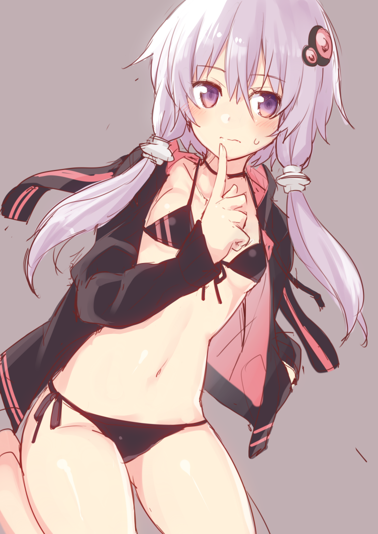 1girl bare_legs barefoot bikini black_bikini black_ribbon blush breasts collarbone eyebrows eyebrows_visible_through_hair finger_to_mouth frown hair_between_eyes hair_ornament hairpin hand_in_pocket hirasato hood hood_down hoodie index_finger_raised kneeling looking_at_viewer low_twintails midriff navel open_clothes open_hoodie purple_hair ribbon short_hair_with_long_locks side-tie_bikini simple_background sketch small_breasts solo stomach swimsuit tareme twintails violet_eyes vocaloid voiceroid wavy_mouth yuzuki_yukari