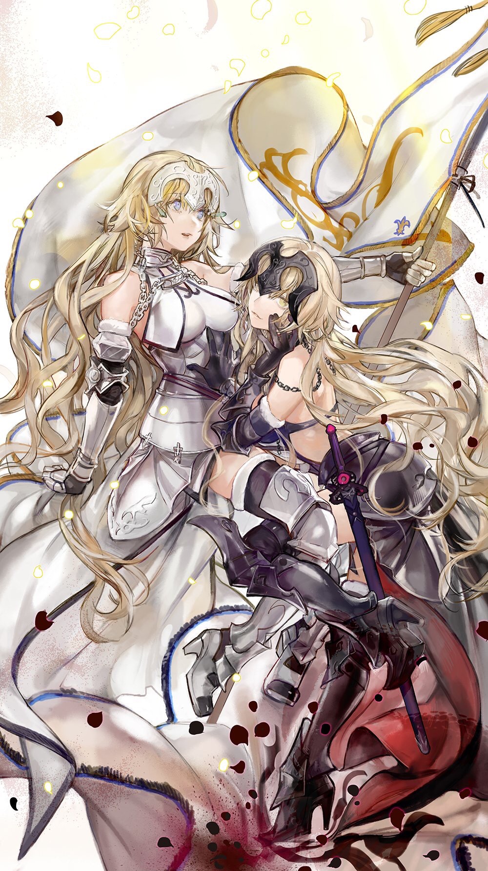 2girls armor armored_dress bare_shoulders blonde_hair blue_eyes boots breasts chain dual_persona elbow_gloves fate/grand_order fate_(series) flag gauntlets gloves greaves headpiece high_heels highres jeanne_alter long_hair looking_at_viewer medium_breasts multiple_girls noir_(ibaraki) parted_lips ruler_(fate/apocrypha) sword thigh-highs thigh_boots very_long_hair weapon yellow_eyes