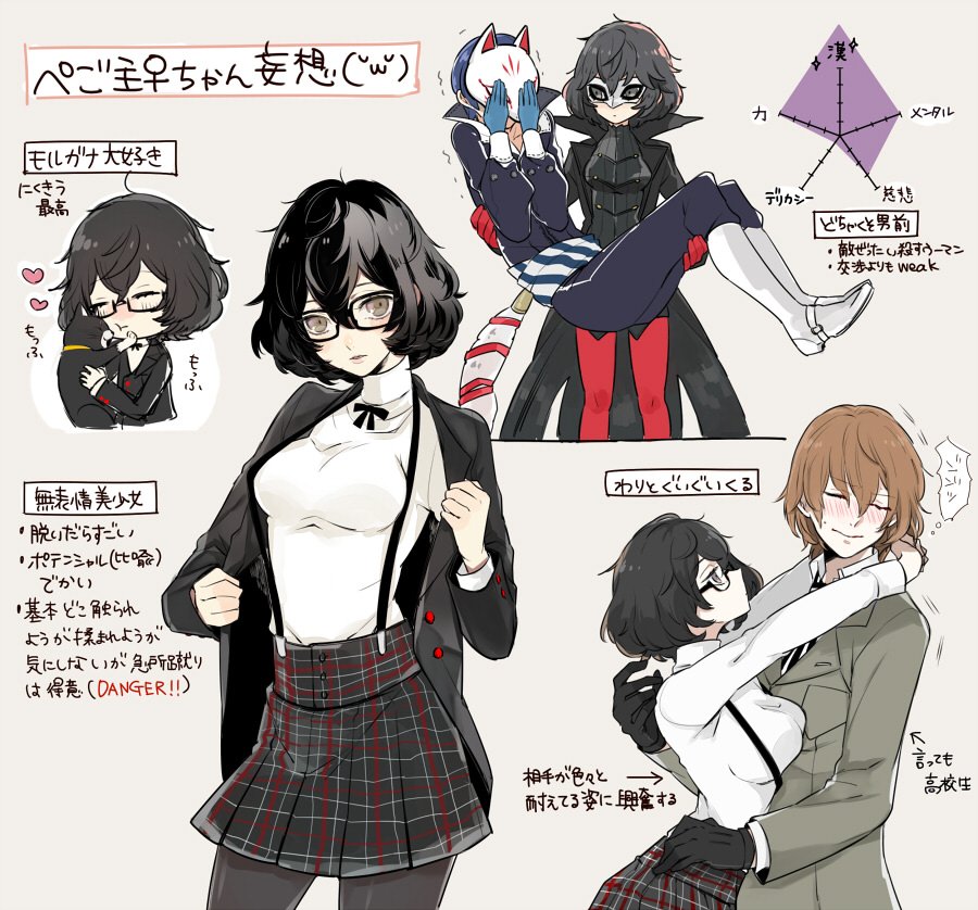 1girl akechi_gorou black_hair brown_hair cat fox_mask genderswap glasses gloves kitagawa_yuusuke kurusu_akira mask morgana_(persona_5) multiple_boys persona persona_5 school_uniform short_hair