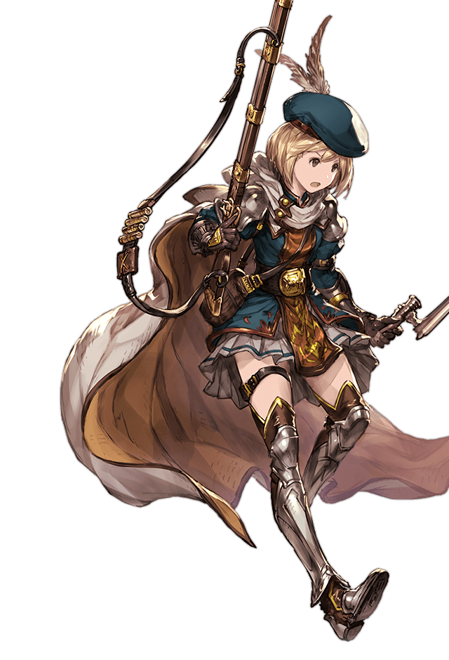 bag blonde_hair boots brown_eyes cape djeeta_(granblue_fantasy) feather_beret full_body gloves granblue_fantasy gun hat hawkeye_(granblue_fantasy) knee_boots minaba_hideo official_art open_mouth rifle short_hair simple_background skirt solo thigh-highs weapon white_background