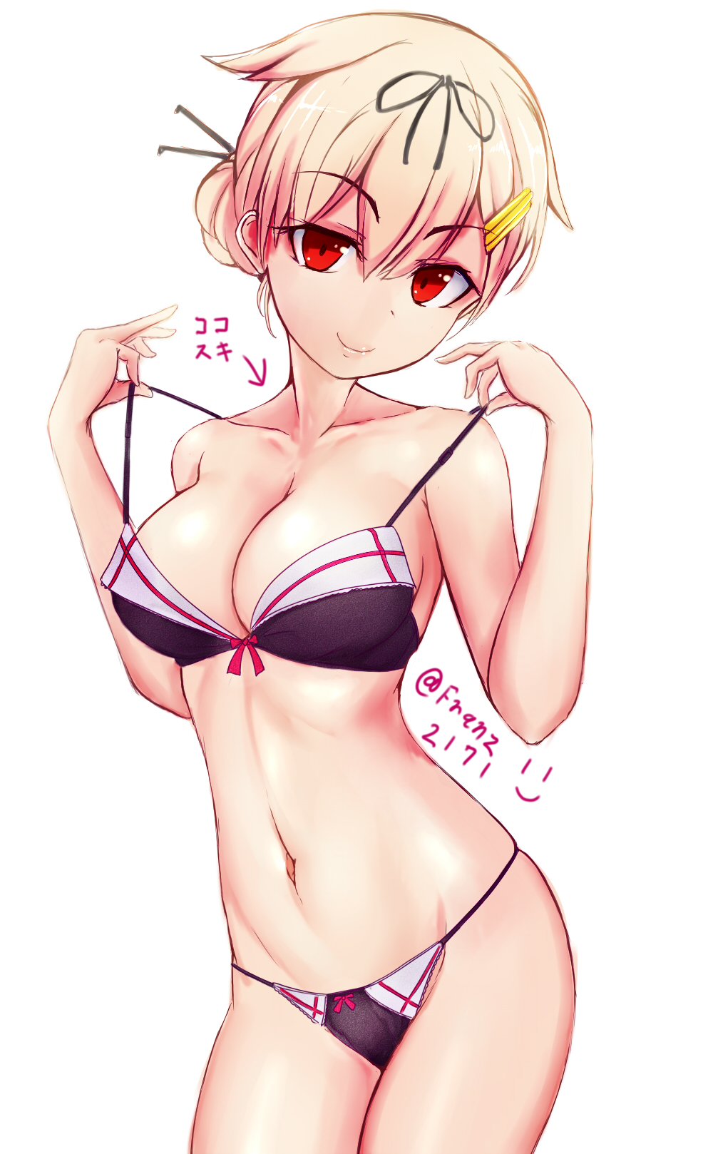 1girl alternate_costume alternate_hair_length alternate_hairstyle bikini bikini_pull black_bikini blonde_hair breasts collarbone commentary_request eyebrows eyebrows_visible_through_hair franz_(217franz) gradient_hair hair_between_eyes hair_flaps highres kantai_collection looking_at_viewer medium_breasts multicolored_hair navel red_eyes simple_background smile solo swimsuit tied_hair twitter_username white_background yuudachi_(kantai_collection)