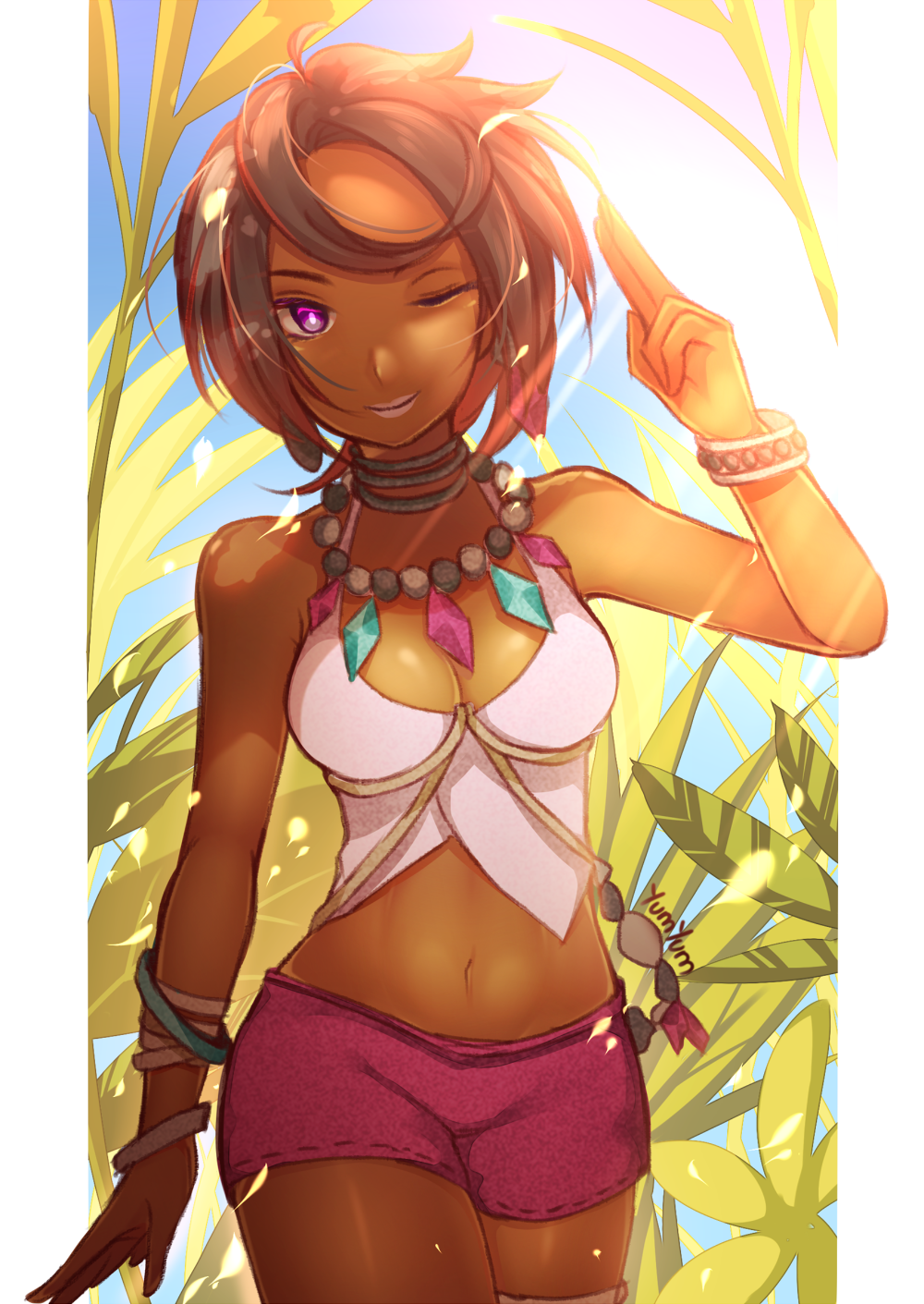 1girl ;) armband bare_arms bare_shoulders breasts brown_hair camisole cleavage cowboy_shot dark_skin earrings highres jewelry lipstick looking_at_viewer lychee_(pokemon) makeup medium_breasts midriff navel necklace one_eye_closed outdoors plant pokemon pokemon_(game) pokemon_sm short_hair shorts smile solo sunlight violet_eyes yumyum