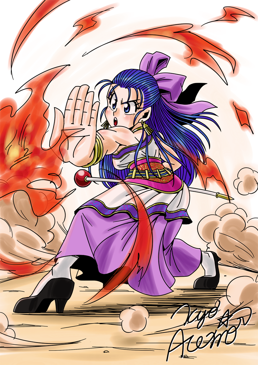 1girl blue_eyes blue_hair bow breasts dragon_quest dragon_quest_v dress earrings fighting_stance fire flora gengoro_akemori hair_bow half_updo jewelry large_breasts long_hair magic pink_bow scepter spell staff