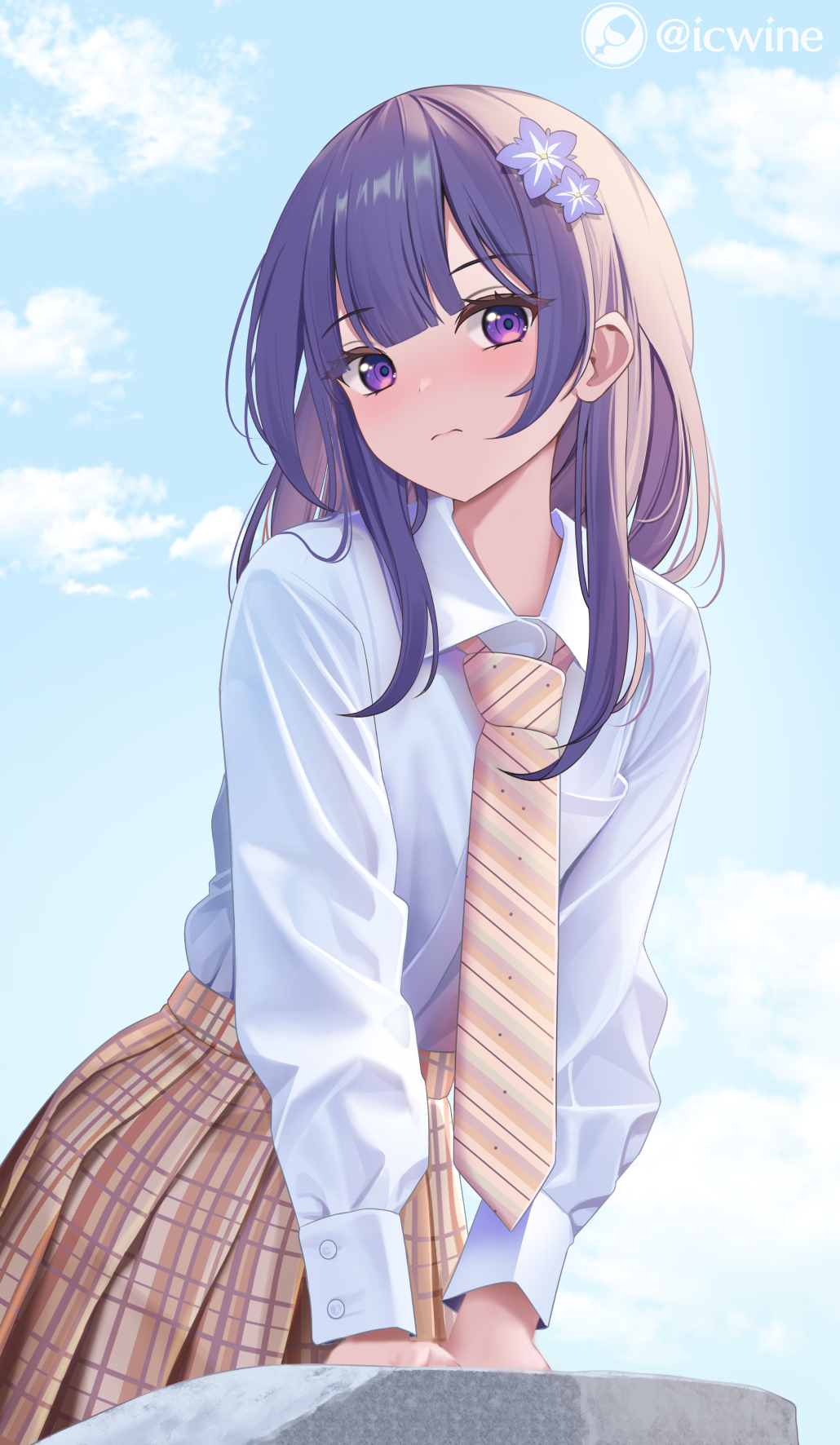 1girl arm_support blue_sky blush clouds cloudy_sky collared_shirt day eyebrows_visible_through_hair flower genshin_impact hair_flower hair_ornament highres icwine leaning_forward long_hair long_sleeves looking_at_viewer necktie outdoors plaid plaid_skirt pleated_skirt purple_hair raiden_shogun rock school_uniform shirt shirt_tucked_in sidelocks skirt sky solo standing striped_necktie twitter_username violet_eyes white_shirt