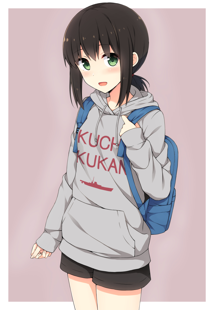 1girl :d alternate_costume arm_at_side backpack bag bangs black_hair black_shorts blush casual clothes_writing cowboy_shot fubuki_(kantai_collection) green_eyes hair_tie hood hood_down hooded_sweater hoodie kantai_collection long_hair long_sleeves looking_at_viewer low_ponytail nakamura_sumikage open_mouth parka pink_background pocket ponytail short_hair short_ponytail shorts sidelocks simple_background smile solo standing sweater sweater_vest tareme thighs