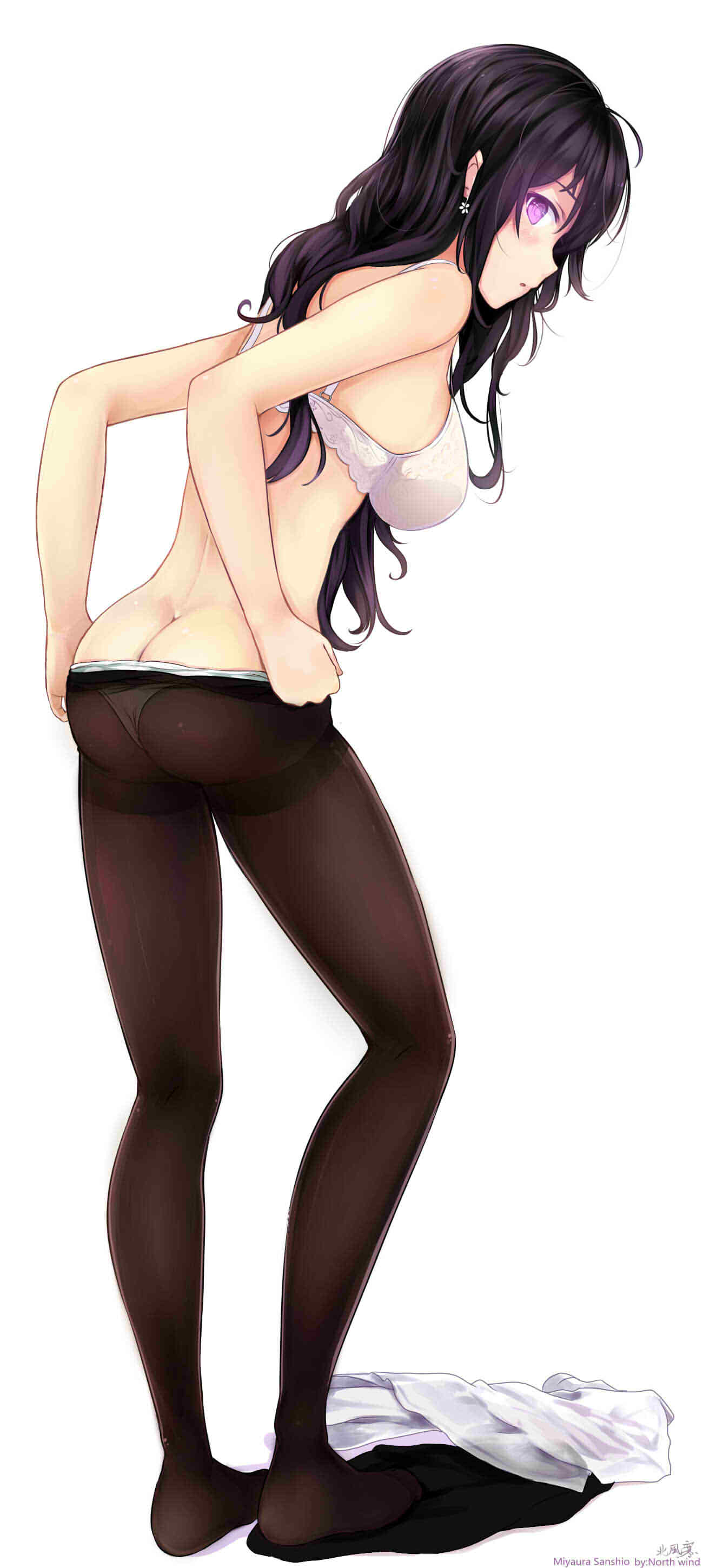 1girl absurdres back bare_arms bare_shoulders beifeng_han black_hair black_legwear bra breasts butt_crack character_name clothes_removed dimples_of_venus earrings flower_earrings from_side full_body glowing glowing_eye highres jewelry long_hair looking_to_the_side medium_breasts miyaura_sanshio original panties panties_under_pantyhose pantyhose pink_eyes profile shirt_removed side_glance skirt skirt_removed solo standing thighband_pantyhose underwear undressing white_background white_bra