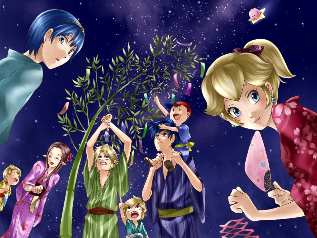 1other 2girls 6boys blonde_hair blue_eyes blush brown_hair fire_emblem fire_emblem:_mystery_of_the_emblem fire_emblem:_souen_no_kiseki hoshi_no_kirby ike japanese_clothes kimono kirby kirby_(series) link long_hair marth multiple_boys multiple_girls open_mouth pointy_ears princess_zelda smile super_smash_bros. super_smash_bros_brawl the_legend_of_zelda the_legend_of_zelda:_twilight_princess wasabi_(legemd)