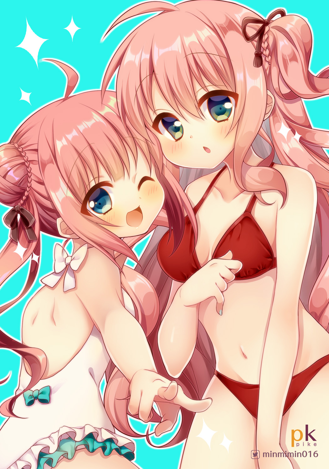 2girls ahoge artist_name bare_arms bare_back bare_shoulders bikini breasts cleavage collarbone commentary_request double_bun gradient_eyes hair_ribbon highres long_hair looking_at_viewer medium_breasts multicolored_eyes multiple_girls nail_polish navel one_eye_closed open_mouth original pk_(mukasihasakana) ribbon siblings sisters stomach swimsuit twintails