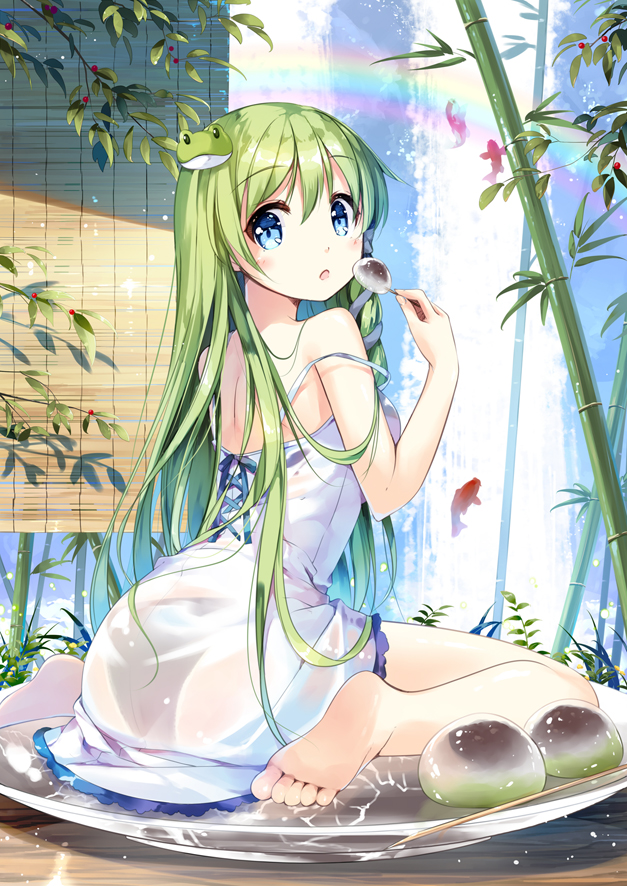 1girl :o animal back bamboo bangs bare_arms bare_shoulders barefoot black_panties blue_eyes cross-laced_clothes curtains dress eyebrows eyebrows_visible_through_hair fish food frog_hair_ornament fruit green_hair hair_ornament holding kochiya_sanae light_particles long_hair looking_at_viewer miyase_mahiro mochi oversized_object panties plant rainbow see-through shade sitting snake_hair_ornament soles solo strap_slip surprised toothpick touhou transparent underwear wagashi wariza water waterfall white_dress