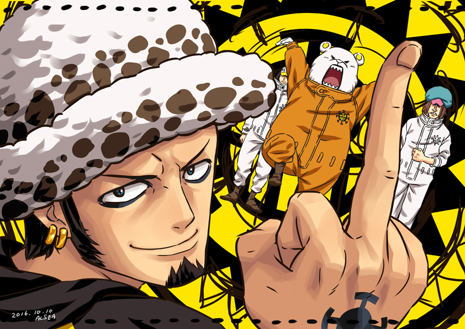 4boys alsea black_hair character_request commentary_request earrings facial_hair hat jewelry looking_at_viewer male_focus middle_finger multiple_boys one_piece smile standing standing_on_one_leg trafalgar_law