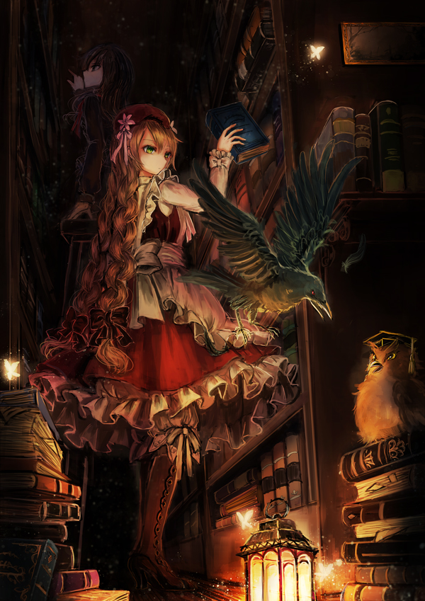 2girls bird book book_stack bookshelf boots bow crow dress emone04 frilled_dress frills from_ground glowing_butterfly green_eyes hair_bow holding holding_book indoors lantern light long_hair long_sleeves low-tied_long_hair multiple_girls original owl red_bow red_dress thigh-highs thigh_boots