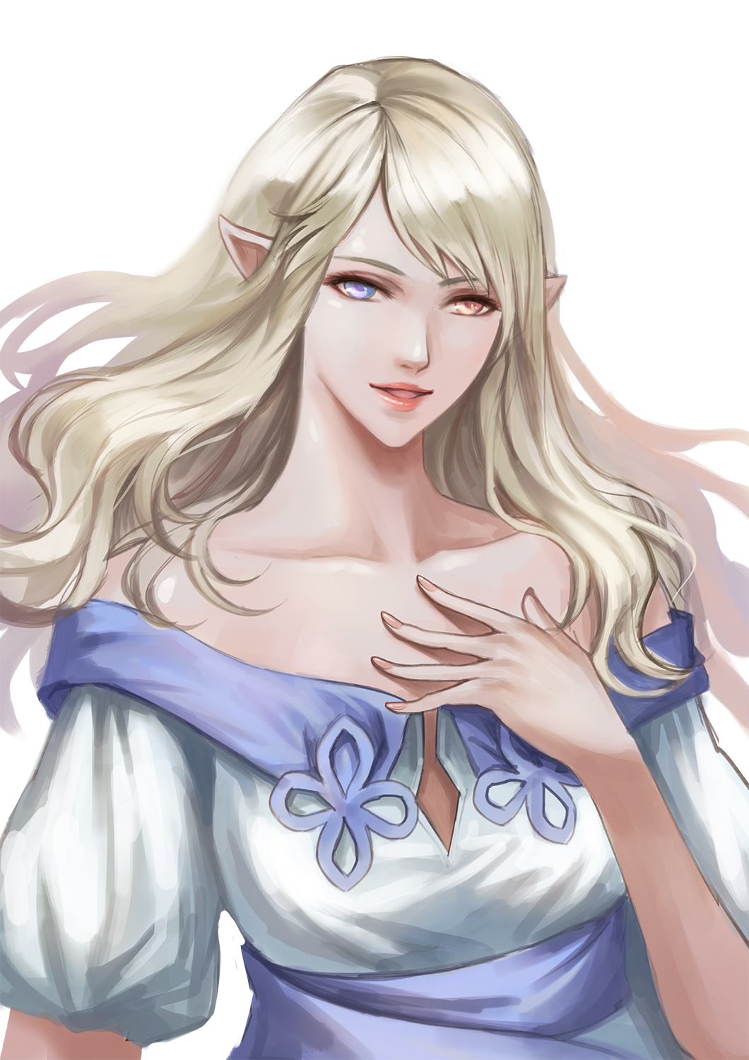 bare_shoulders blonde_hair collarbone elf final_fantasy final_fantasy_xiv hand_on_own_chest heterochromia highres long_hair looking_at_viewer parted_lips pengnangehao pointy_ears smile