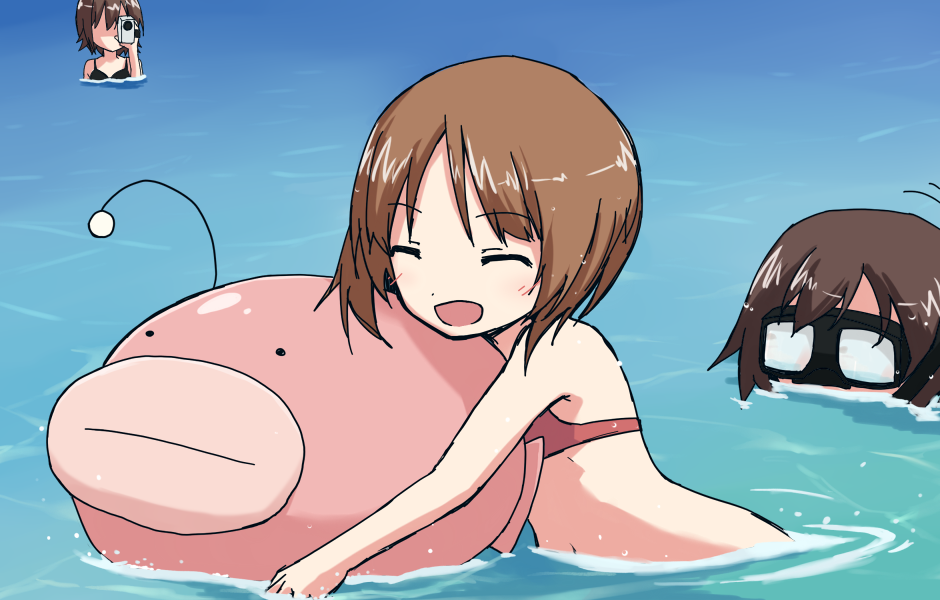 3girls ^_^ ^o^ anglerfish bare_shoulders brown_hair camcorder character_request closed_eyes eyebrows eyebrows_visible_through_hair girls_und_panzer kakizaki_(chou_neji) multiple_girls nishizumi_maho nishizumi_miho open_mouth partially_submerged pool short_hair siblings sisters swimsuit