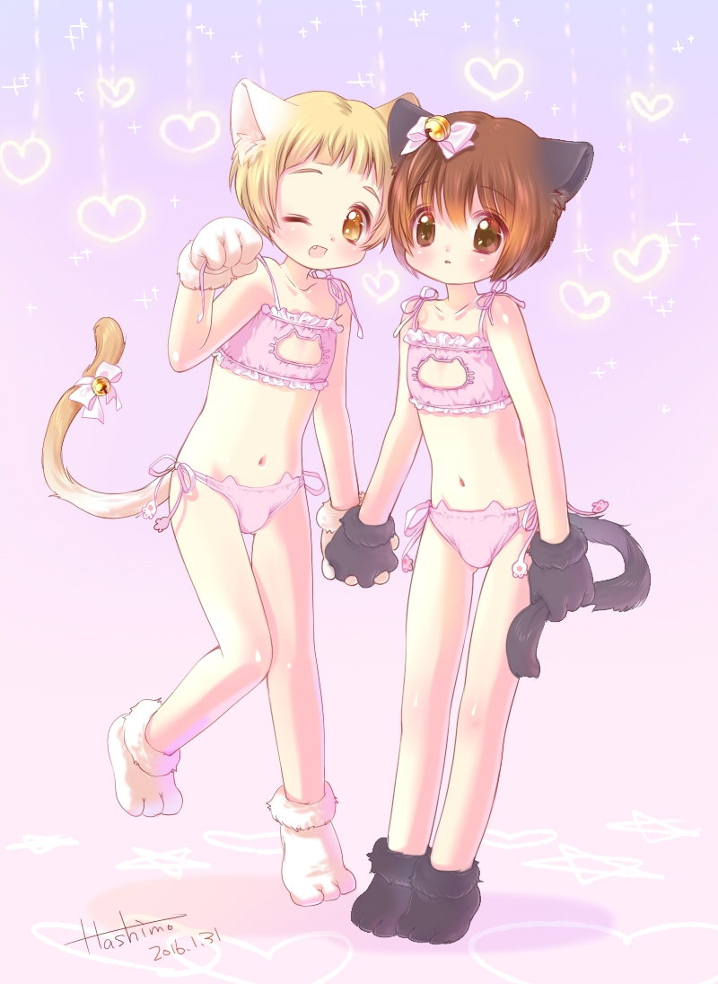 2boys :d animal_ears artist_name bell bikini blonde_hair blush brown_eyes brown_hair cat_ears cat_lingerie cat_tail clothes_grab dated fang frills gloves hashimo_kikuri heart holding_hands holding_tail midriff multiple_boys navel one_eye_closed open_mouth orange_eyes original otoko_no_ko panties paw_gloves paw_shoes ribbon shoes short_hair side-tie_bikini side-tie_panties smile standing standing_on_one_leg swimsuit tail tail_bell tail_ribbon underwear underwear_only untied untied_bikini untying